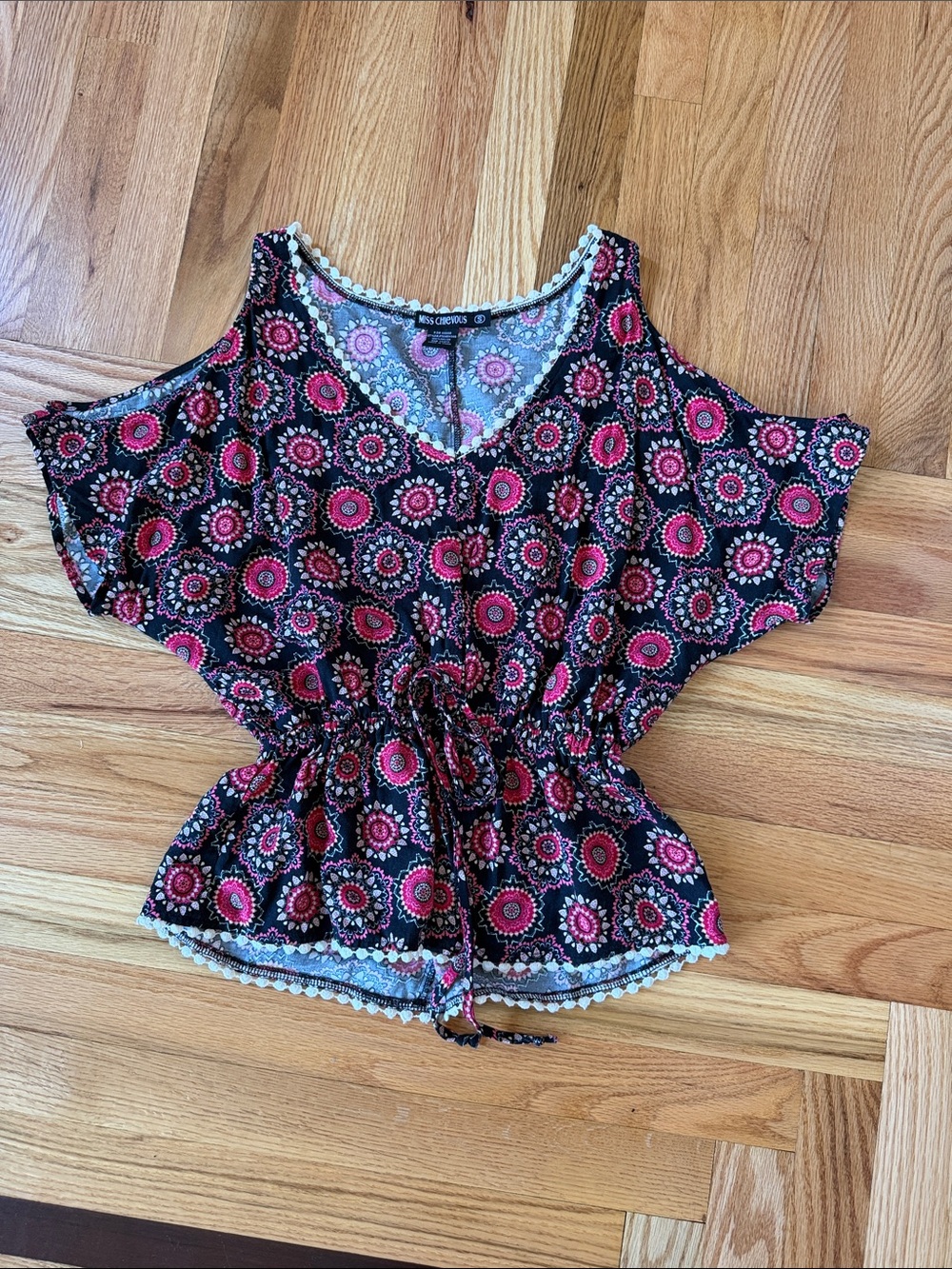 Miss Chievous Black and Pink Cold-Shoulder Drawstring Peplum Top